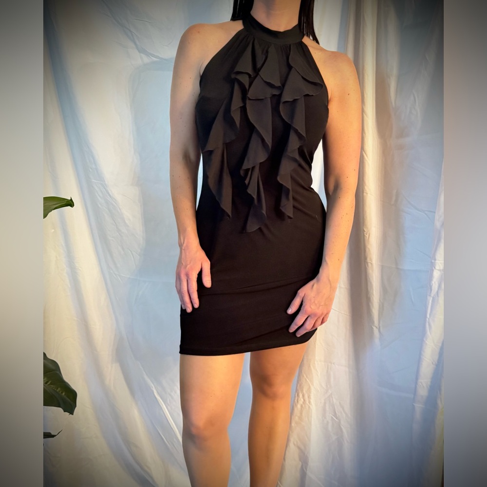 Ally B Black Ruffle Halter Mini Dress Tie Back